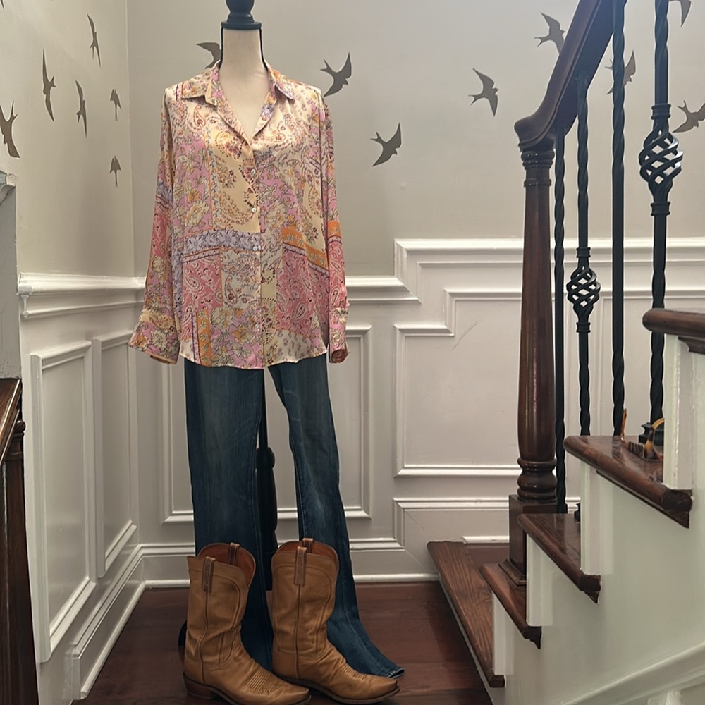 ZARA Paisley Print Satin Longsleeve Button Down Blouse Top Boho Fairy Patchwork